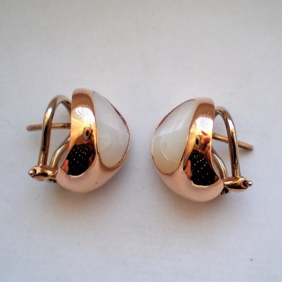 Designer 18K 750 Rose Pink Gold Carved Mother Of Pearl Omega Back Earrings 10.8g - Picture 4 of 12